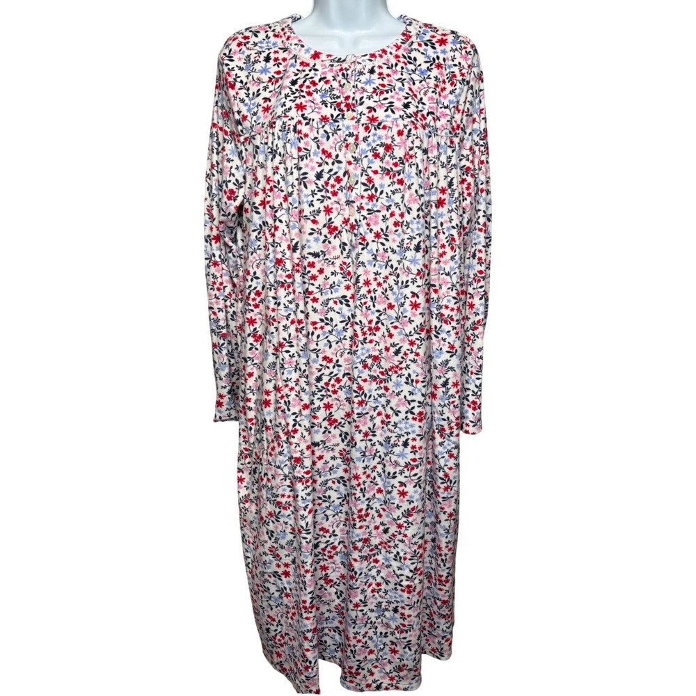ARIA COLLECTION Womens White Floral Long Sleeve Nightgown Sz L Soft Cottagecore
